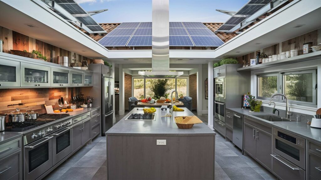 Vista de una cocina con muebles acabado inox y un enorme lucernario donde se divisan paneles solares en la cubierta de la propia casa