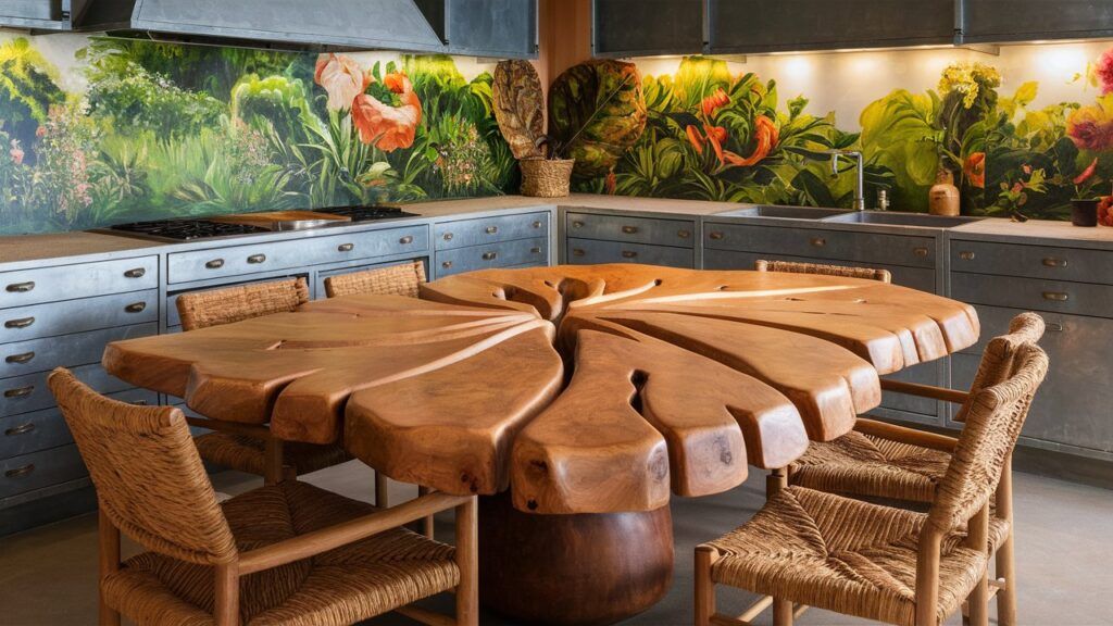 Vista de una cocina con una mesa grande hecha con una rebanada de tronco de árbol