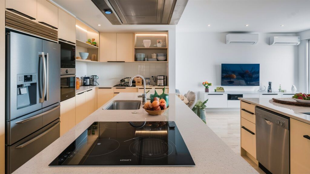 Vista de una cocina con muebles color crema